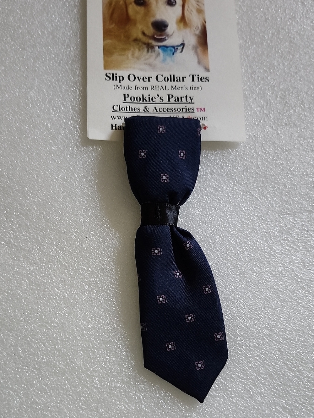 Hand Crafted Navy Slip-Over Collar Dog Tie with Pink Square Accents